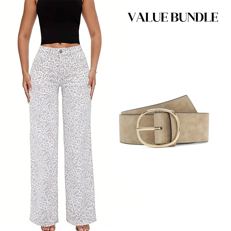 Damenjeans mit Leopardenmuster, hoher Taille und weitem Bein