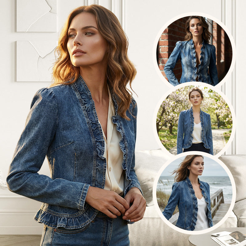 🧥 50 % RABATT !! 🌸 Damen-Jeansjacke mit Volants & offenem Vorderteil – Leicht & feminin – Vielseitig & schick 👗