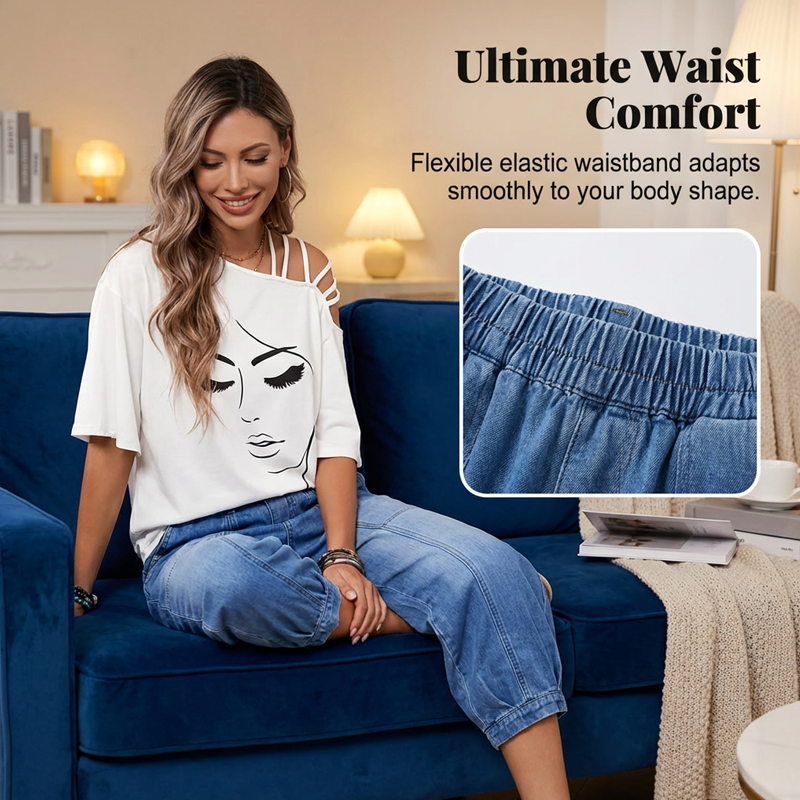 👖 Damen Jeans mit elastischem Bund – Locker geschnittene Cropped-Jeans