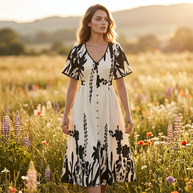 🥳NEUHEITEN FÜR 2026 – 50% RABATT🎉 Damen-Midikleid mit botanischem Print – V-Ausschnitt, A-Linie und Volantärmel🌿