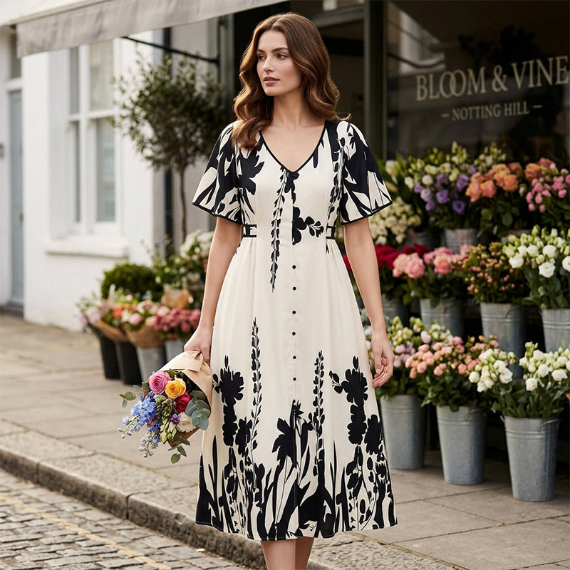 🥳NEUHEITEN FÜR 2026 – 50% RABATT🎉 Damen-Midikleid mit botanischem Print – V-Ausschnitt, A-Linie und Volantärmel🌿