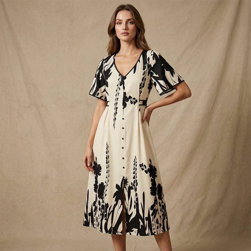 🥳NEUHEITEN FÜR 2026 – 50% RABATT🎉 Damen-Midikleid mit botanischem Print – V-Ausschnitt, A-Linie und Volantärmel🌿