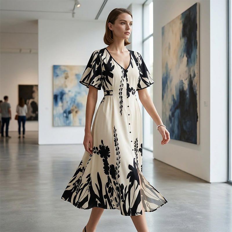🥳NEUHEITEN FÜR 2026 – 50% RABATT🎉 Damen-Midikleid mit botanischem Print – V-Ausschnitt, A-Linie und Volantärmel🌿