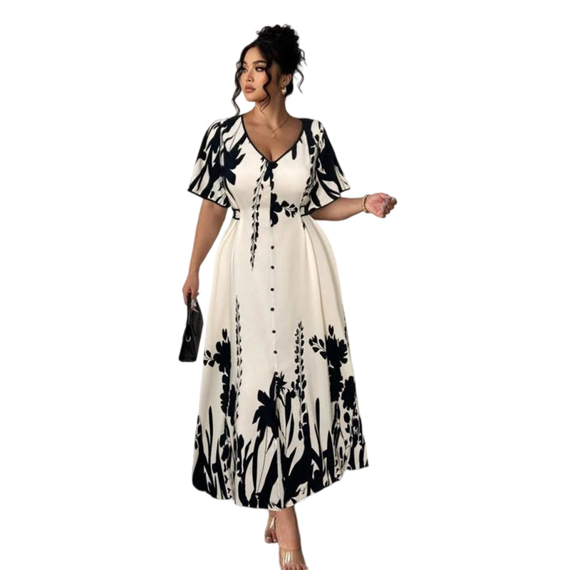 🥳NEUHEITEN FÜR 2026 – 50% RABATT🎉 Damen-Midikleid mit botanischem Print – V-Ausschnitt, A-Linie und Volantärmel🌿