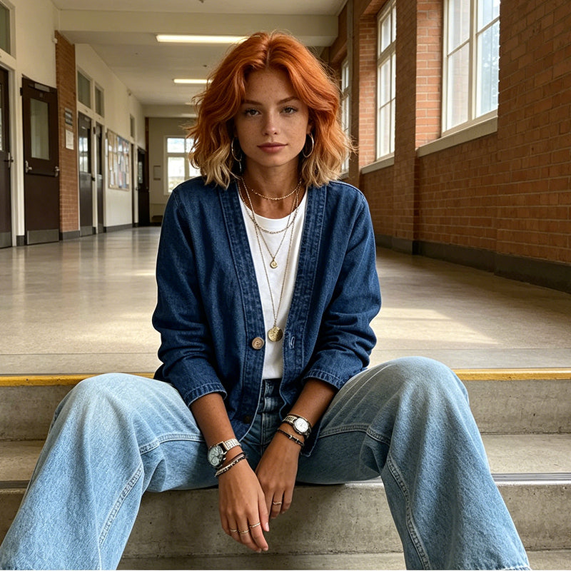 🌸Klassische Damen-Jeansjacke – V-Ausschnitt, Knopfleiste & Lockerer Casual-Schnitt ✨🧥