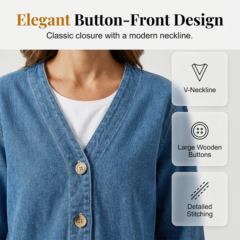 🌸Klassische Damen-Jeansjacke – V-Ausschnitt, Knopfleiste & Lockerer Casual-Schnitt ✨🧥