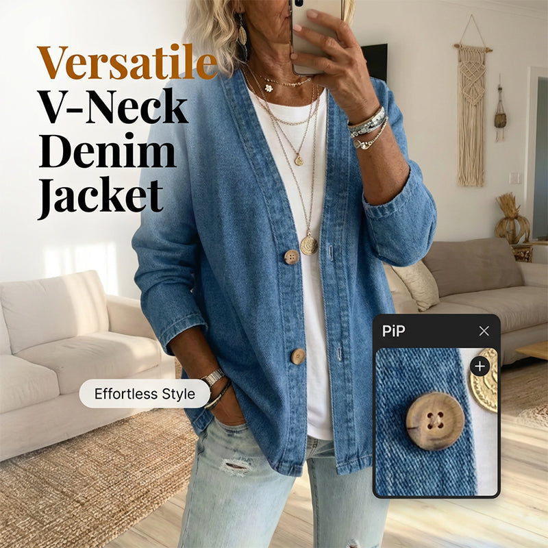 🌸Klassische Damen-Jeansjacke – V-Ausschnitt, Knopfleiste & Lockerer Casual-Schnitt ✨🧥