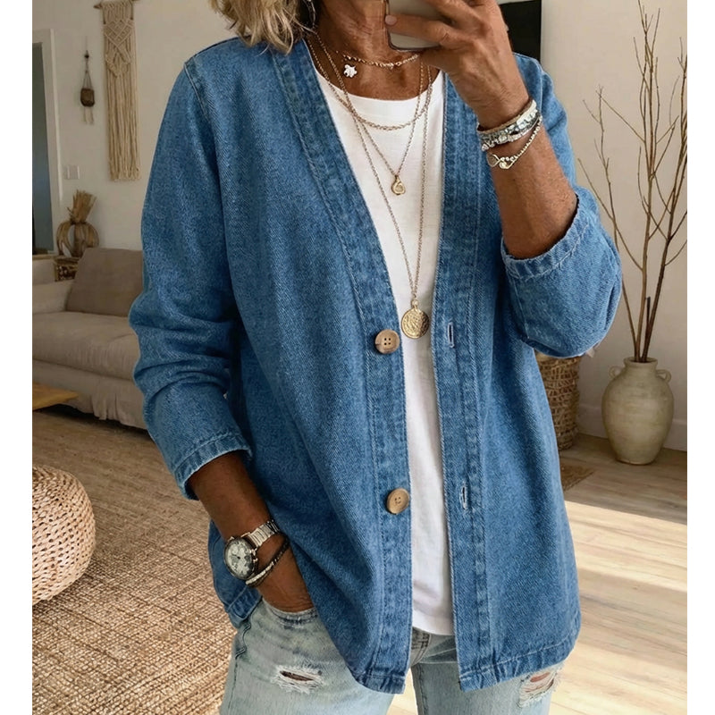 🌸Klassische Damen-Jeansjacke – V-Ausschnitt, Knopfleiste & Lockerer Casual-Schnitt ✨🧥