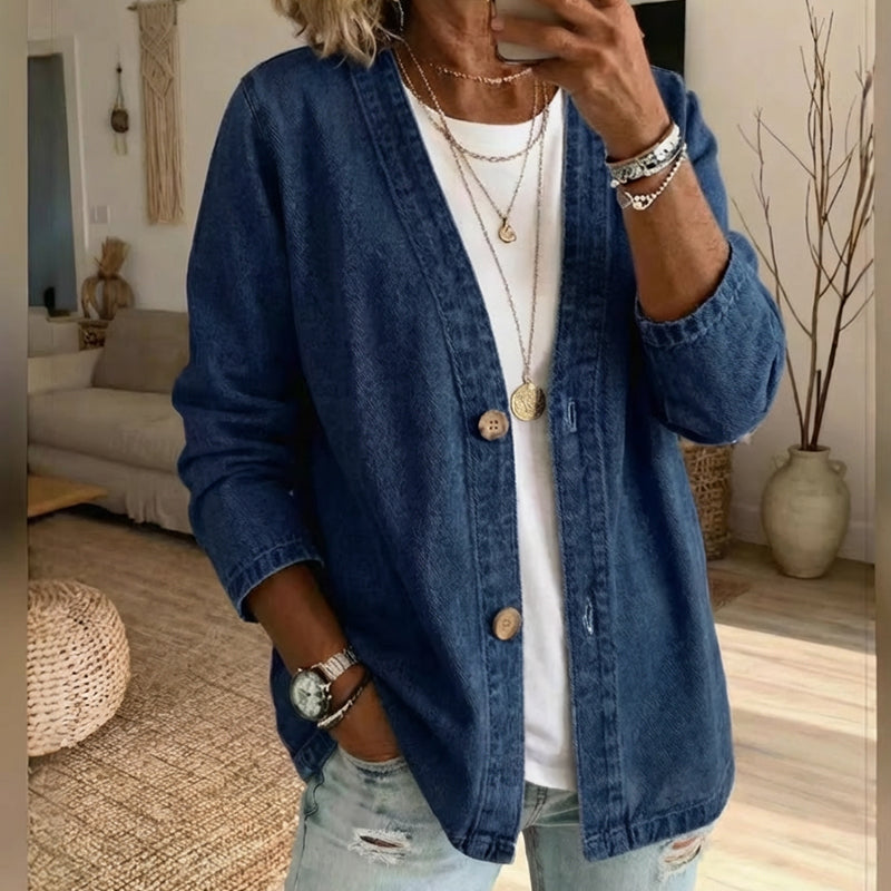 🌸Klassische Damen-Jeansjacke – V-Ausschnitt, Knopfleiste & Lockerer Casual-Schnitt ✨🧥