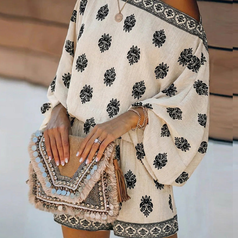 Frühlingserwachen: 50% Rabatt!💕Sommer-Traum: Bohème Jumpsuit-Set mit Off-Shoulder & Vintage-Print