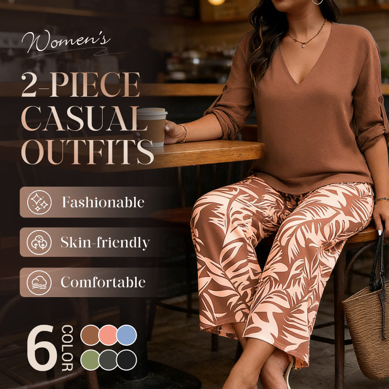 Set aus Damenbluse mit V-Ausschnitt und bedruckter Hose mit weitem Bein