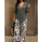 Set aus Damenbluse mit V-Ausschnitt und bedruckter Hose mit weitem Bein