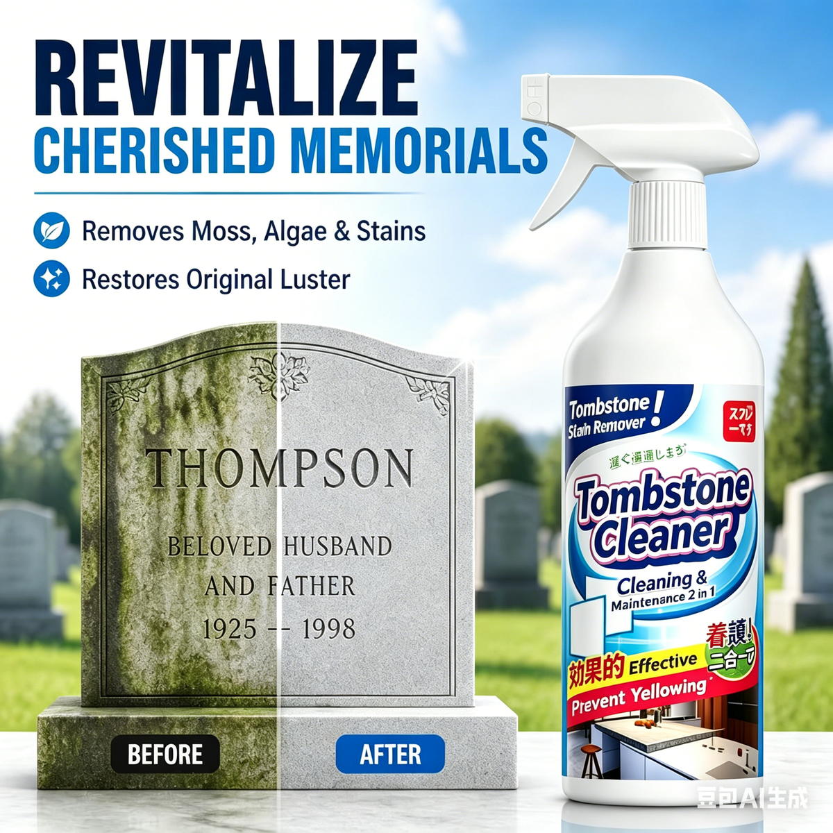 🔥Graveyard Moss Cleaner – Multifunktionales Fleckenentfernungsspray – entfernt professionell Moos und Schmutz von Grabsteinen, Steinreiniger