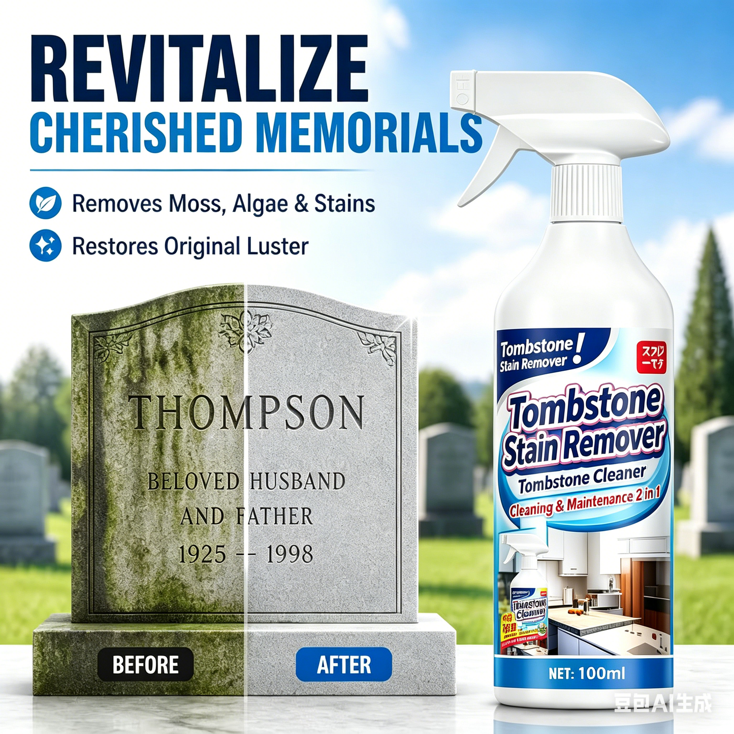🔥Graveyard Moss Cleaner – Multifunktionales Fleckenentfernungsspray – entfernt professionell Moos und Schmutz von Grabsteinen, Steinreiniger