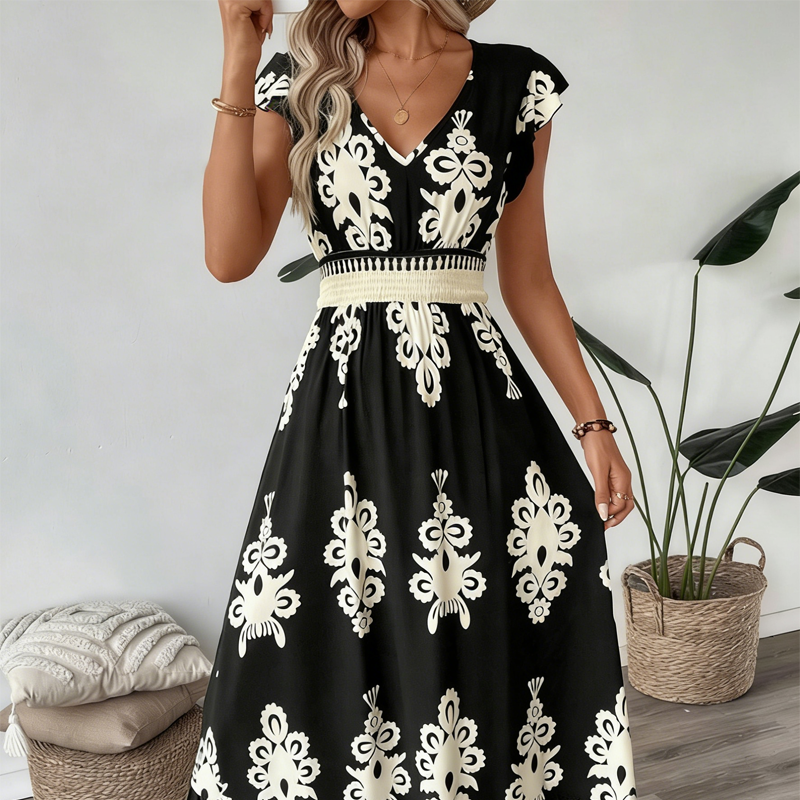 ✨🔥Fließendes Maxikleid für Damen mit V-Ausschnitt und Barockmuster🌸
