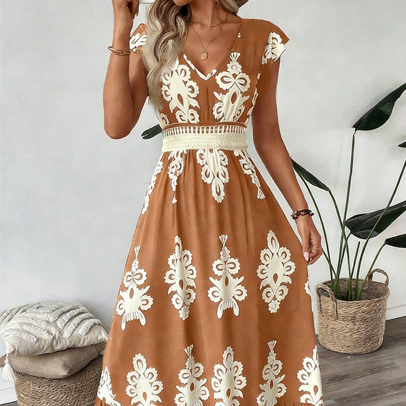 ✨🔥Fließendes Maxikleid für Damen mit V-Ausschnitt und Barockmuster🌸
