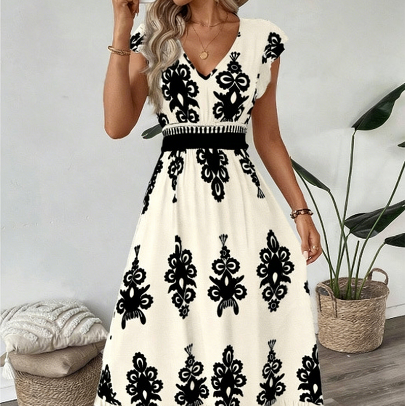 ✨🔥Fließendes Maxikleid für Damen mit V-Ausschnitt und Barockmuster🌸