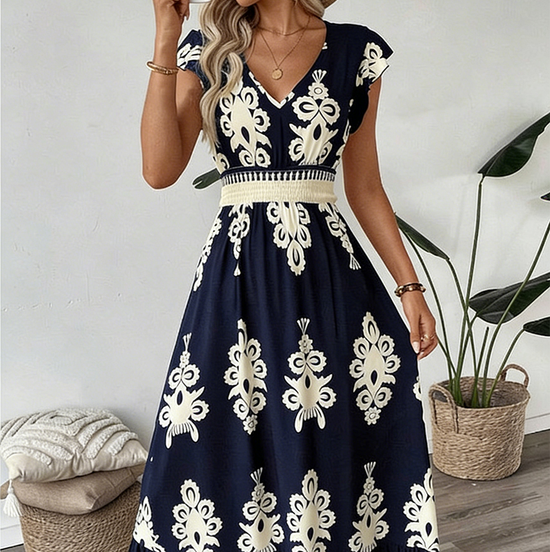 ✨🔥Fließendes Maxikleid für Damen mit V-Ausschnitt und Barockmuster🌸