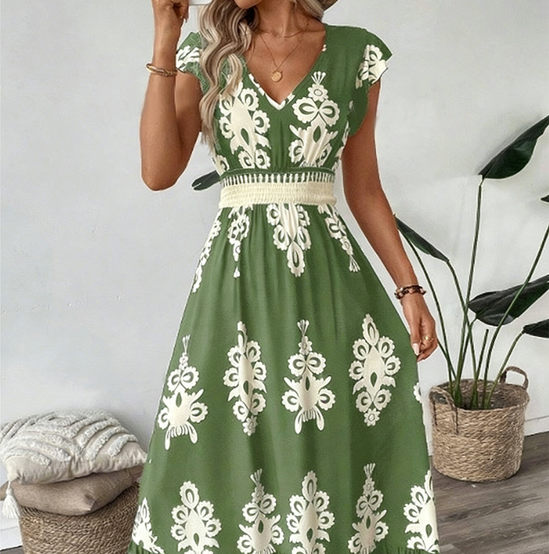 ✨🔥Fließendes Maxikleid für Damen mit V-Ausschnitt und Barockmuster🌸