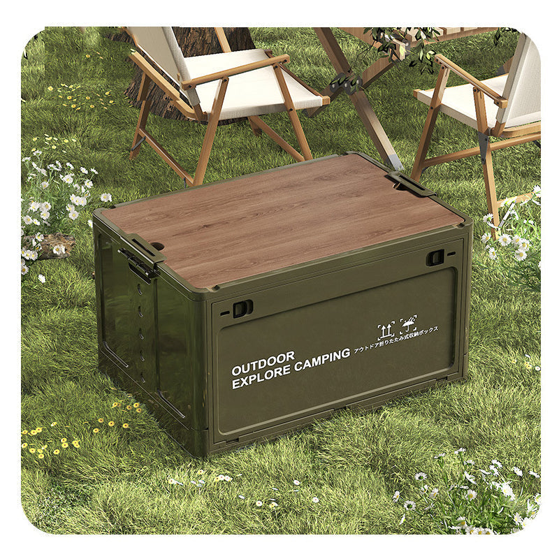 🏕️ Zusammenklappbare Camping-Aufbewahrungsbox mit Holzdeckel – 30L Organizer und Tisch in einem