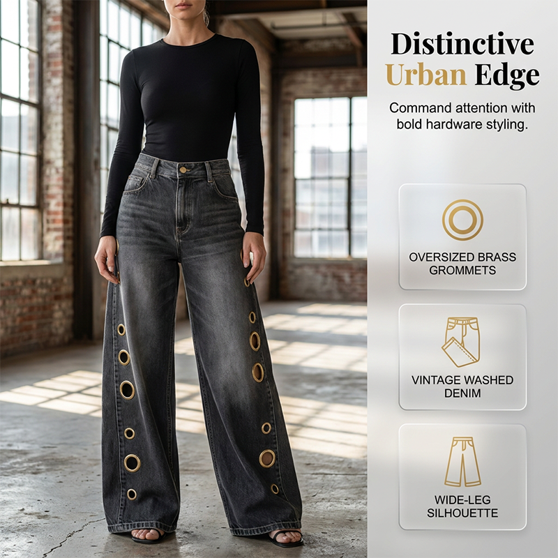Damenjeans mit weitem Bein und Ösenverzierung