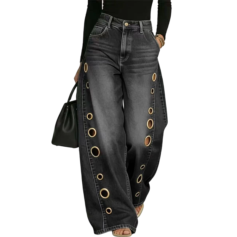 Damenjeans mit weitem Bein und Ösenverzierung