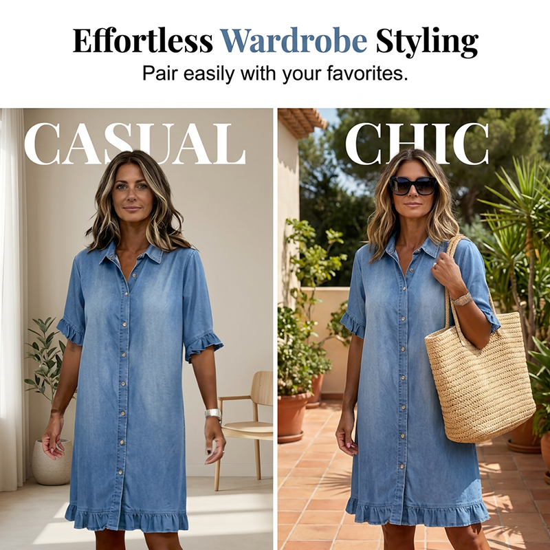 👖👗 Locker sitzendes Jeanskleid mit Rüschen – 50% RABATT! Weich, feminin & perfekt für Alltag, Büro oder Date ✨