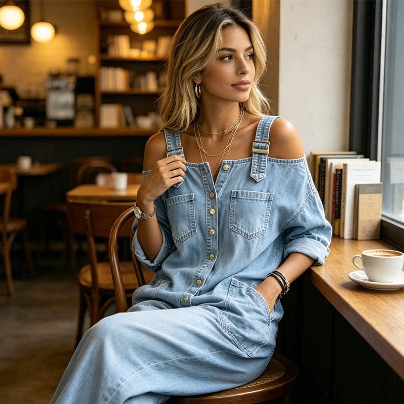 Weit geschnittener Overall mit weitem Bein und Taschen