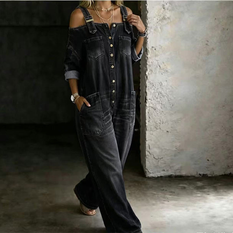 Weit geschnittener Overall mit weitem Bein und Taschen