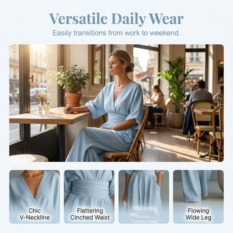 ✨ Einteiler mit V-Ausschnitt, hoher Taille & weitem Bein – bequem, knitterarm & leicht zu kombinieren – zu Sneakern, Sandalen oder High Heels