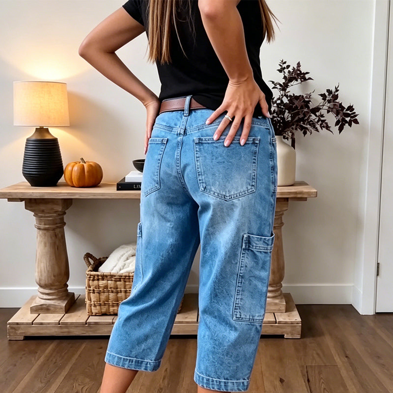 ✈️Versandkostenfrei🔥 Letzter Tag! 50% Rabatt Damen 3/4 Cargo Jeans ✨ Lässige elastische verkürzte Jeans für Alltag & Freizeit