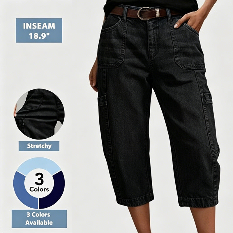 ✈️Versandkostenfrei🔥 Letzter Tag! 50% Rabatt Damen 3/4 Cargo Jeans ✨ Lässige elastische verkürzte Jeans für Alltag & Freizeit