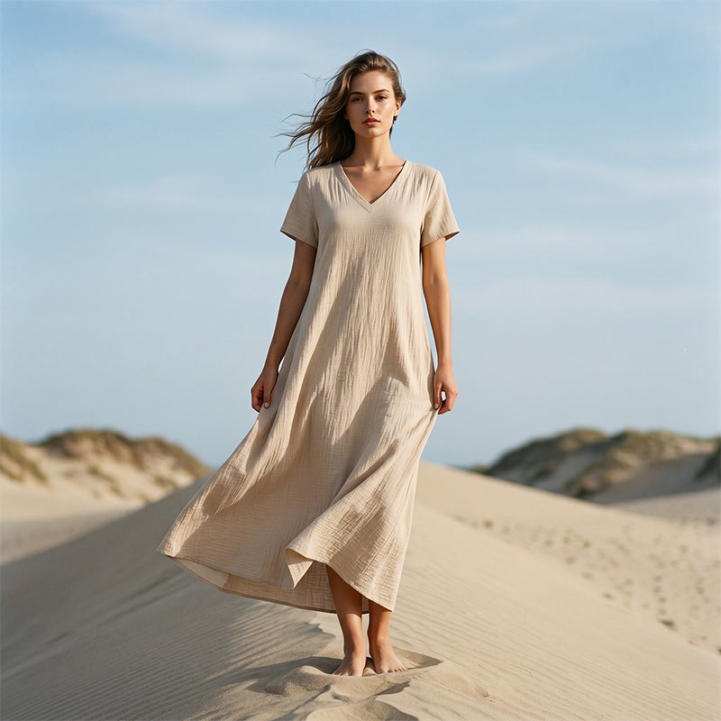 ⌛Zeitlich begrenztes Angebot – Damen Kurzarm V-Ausschnitt Maxikleid