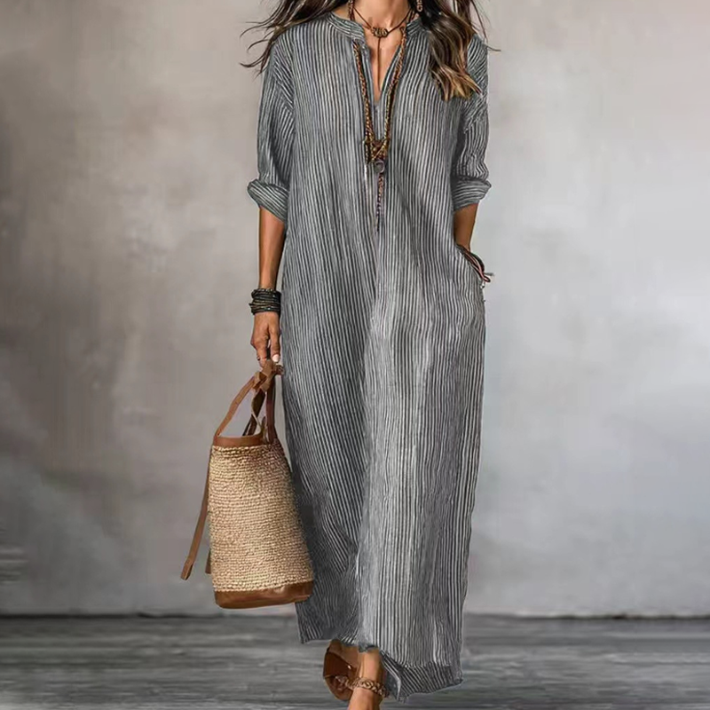 💞 Über 100.000 verkauft – der beliebteste Hit – jetzt zum halben Preis！Gestreiftes Maxikleid mit V-Ausschnitt für Damen