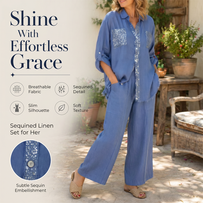 ⭐ 4,9 Sterne – nicht ohne Grund! Set aus Pailletten-Bluse und Hose mit weitem Bein für Damen