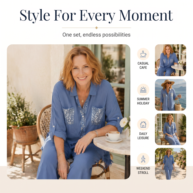 ⭐ 4,9 Sterne – nicht ohne Grund! Set aus Pailletten-Bluse und Hose mit weitem Bein für Damen