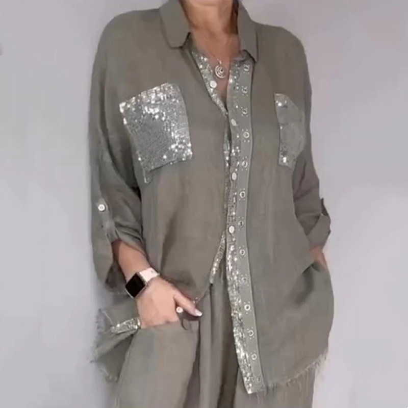 ⭐ 4,9 Sterne – nicht ohne Grund! Set aus Pailletten-Bluse und Hose mit weitem Bein für Damen