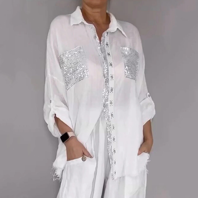 ⭐ 4,9 Sterne – nicht ohne Grund! Set aus Pailletten-Bluse und Hose mit weitem Bein für Damen