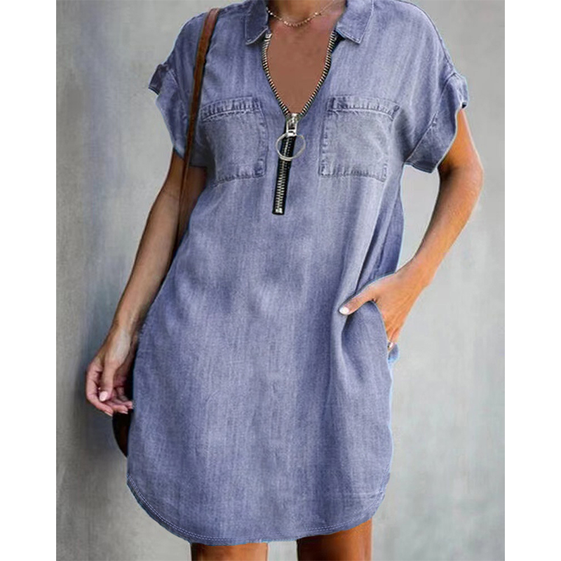 👗Lässiges Jeanshemdkleid für Damen, locker geschnitten, mit Reverskragen, kurzen Ärmeln, Reißverschluss und Taschen