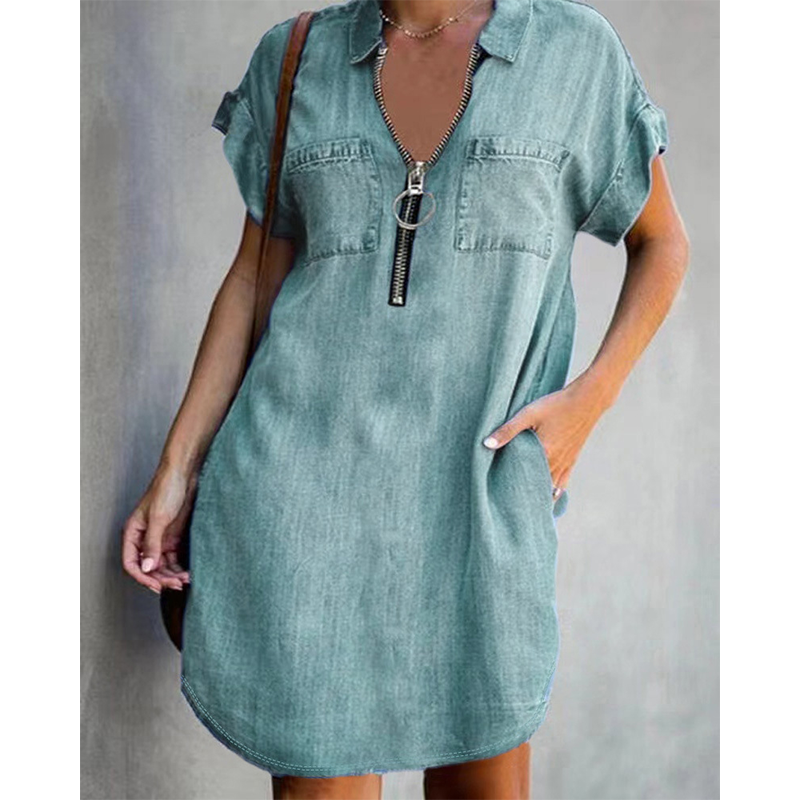 👗Lässiges Jeanshemdkleid für Damen, locker geschnitten, mit Reverskragen, kurzen Ärmeln, Reißverschluss und Taschen