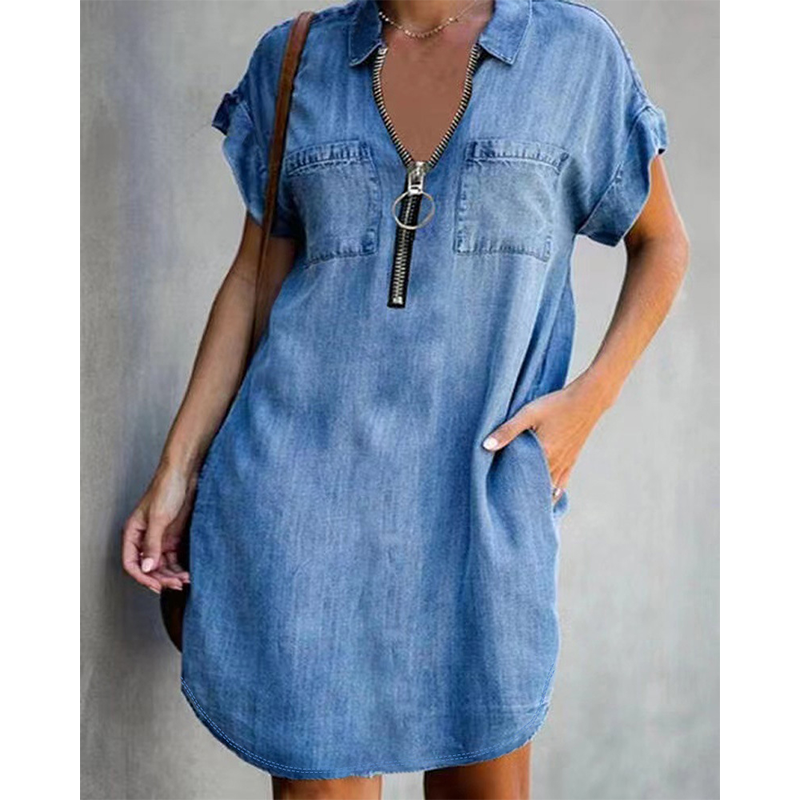 👗Lässiges Jeanshemdkleid für Damen, locker geschnitten, mit Reverskragen, kurzen Ärmeln, Reißverschluss und Taschen