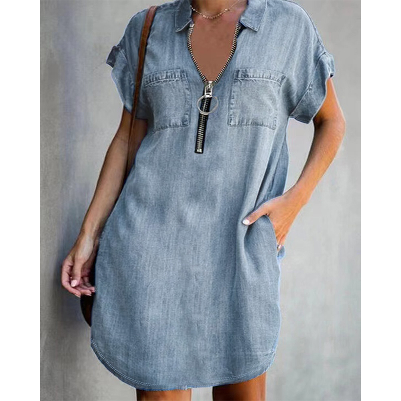 👗Lässiges Jeanshemdkleid für Damen, locker geschnitten, mit Reverskragen, kurzen Ärmeln, Reißverschluss und Taschen