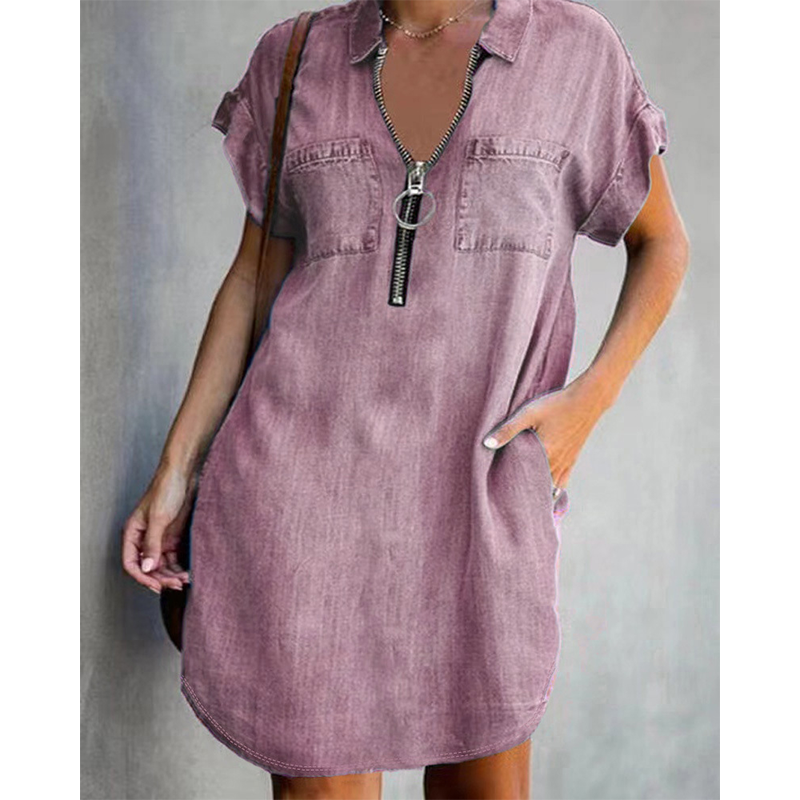 👗Lässiges Jeanshemdkleid für Damen, locker geschnitten, mit Reverskragen, kurzen Ärmeln, Reißverschluss und Taschen