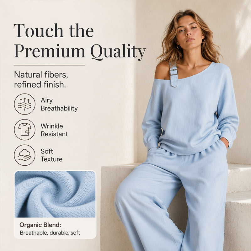 ✨Elegantes Set aus One-Shoulder-Oberteil und Hose mit weitem Bein für Damen