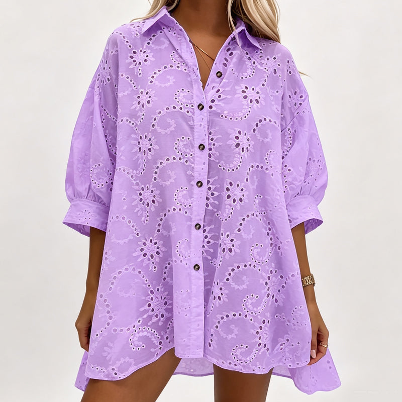 Kurzarmshirt für Damen aus Lochstickerei, Spitze und Burnout-Stoff