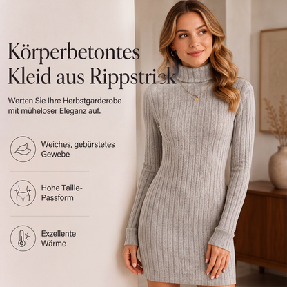 Geripptes Damen-Langarm-Strickkleid mit Rollkragen
