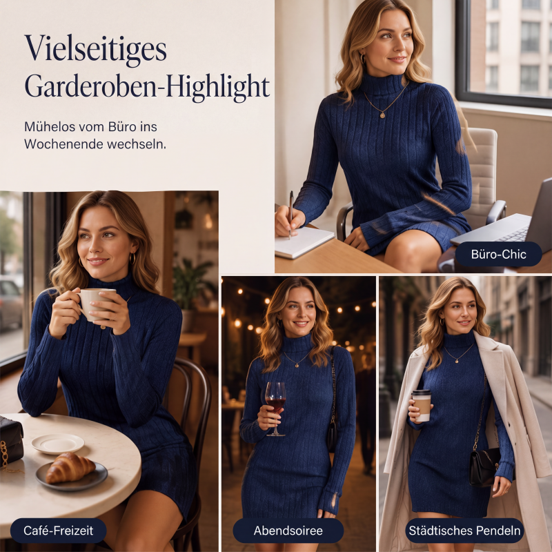 Geripptes Damen-Langarm-Strickkleid mit Rollkragen