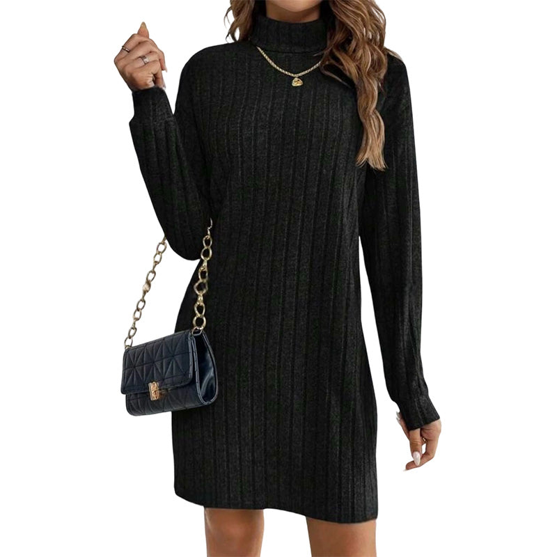 Geripptes Damen-Langarm-Strickkleid mit Rollkragen