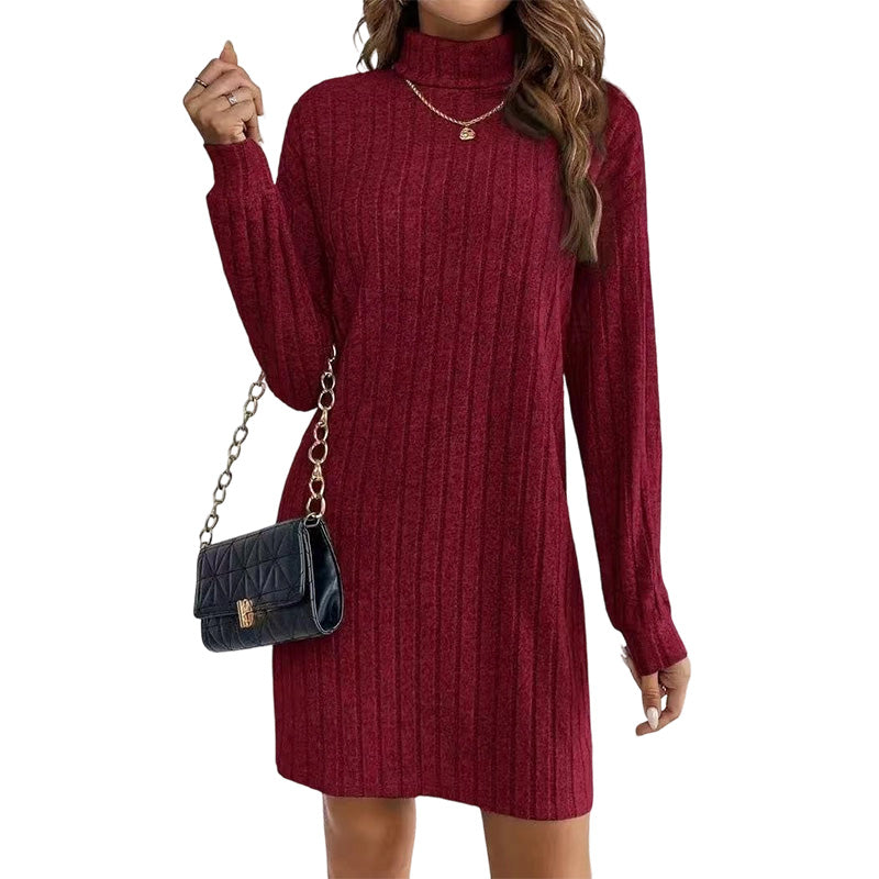 Geripptes Damen-Langarm-Strickkleid mit Rollkragen