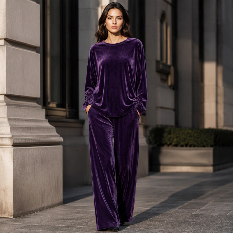 🎉✨Samt-Set für Damen – Langarm-Oberteil & weit geschnittene Hose